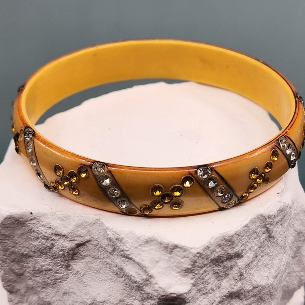 Amber Yellow Rhinestone Bangle Bracelet Crystal Accent Retro Glam Statement
